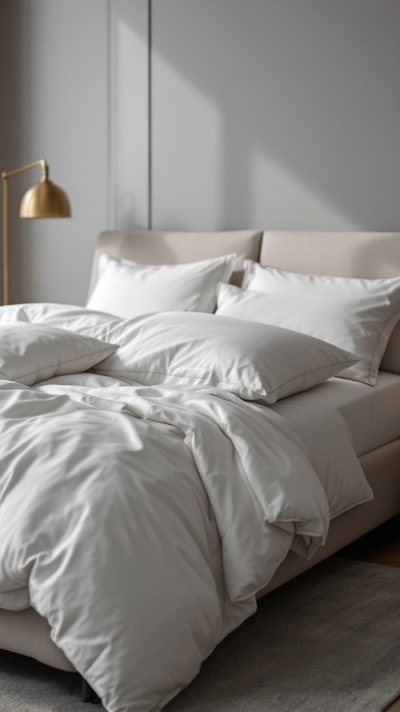 Modern luxury bedroom featuring chic white bedding and a stylish lamp.
