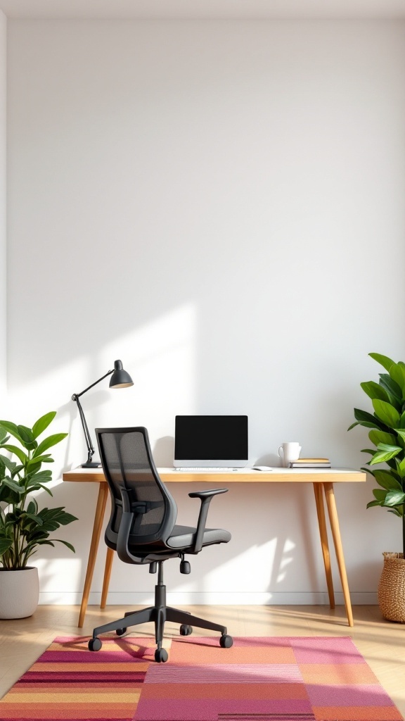 A chic home office with a desk, chair, and plants.