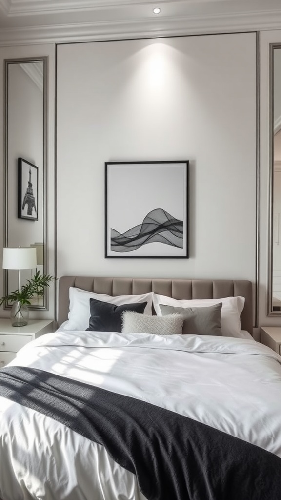 Chic monochrome bedroom design featuring neutral walls, black and white artwork, and a cozy bed with contrasting throw blanket.