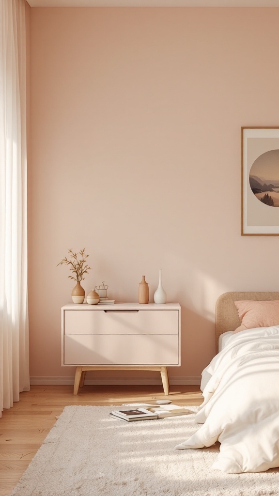 A modern luxury bedroom with soft pink walls, a stylish nightstand, and cozy bedding.