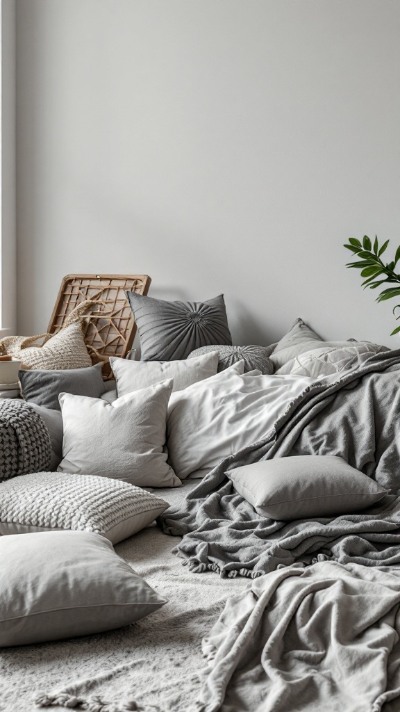 A cozy bedroom with various grey pillows and blankets scattered on a soft rug.