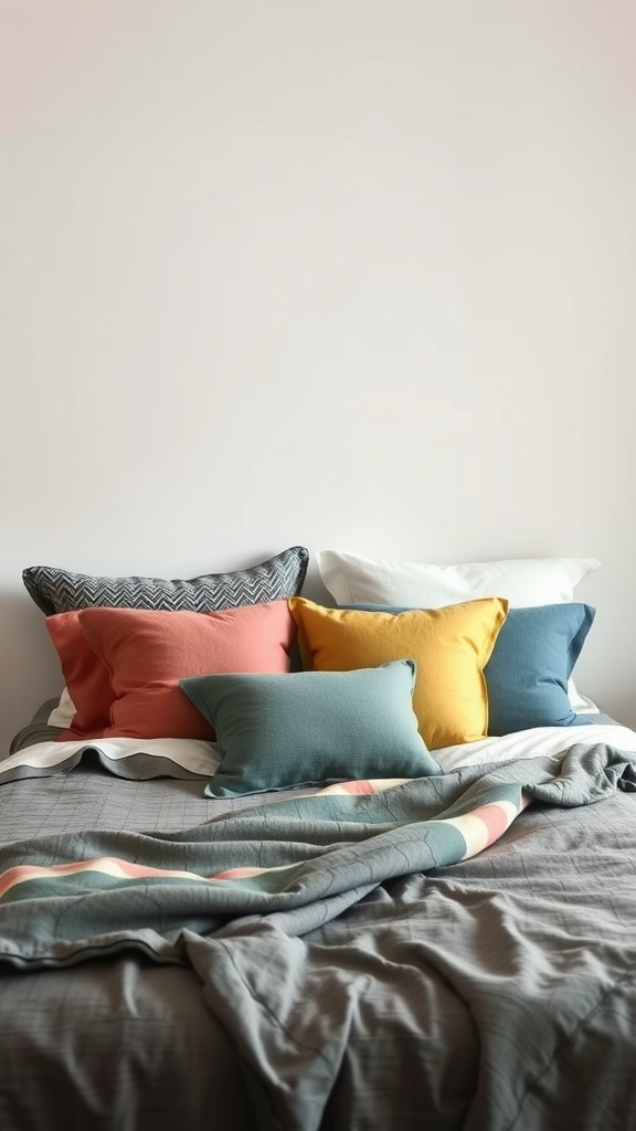 Colorful pillows arranged on a king bed with a blanket.
