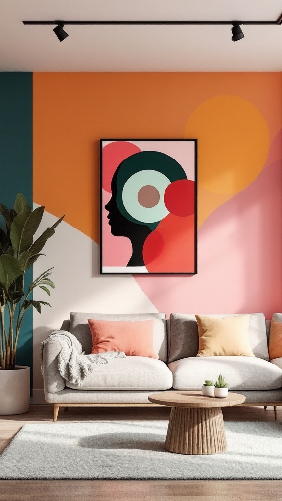 A living room with colorful accent walls featuring teal and orange, a modern couch, and abstract wall art.