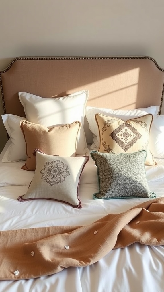 A neatly arranged king bed with decorative pillows and a soft blanket.