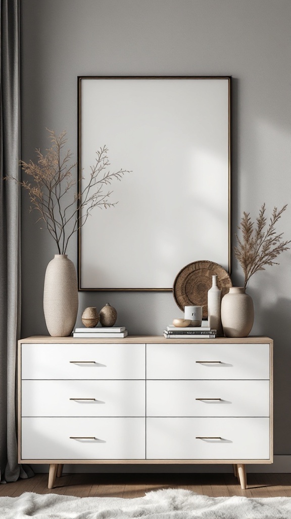A contemporary dresser with clean lines, featuring six drawers and styled with decorative vases and books