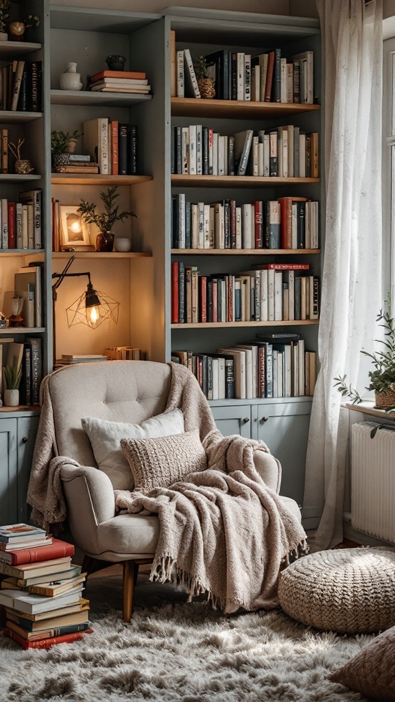A cozy reading nook featuring a comfortable chair, bookshelves filled with books, a warm blanket, and soft lighting.