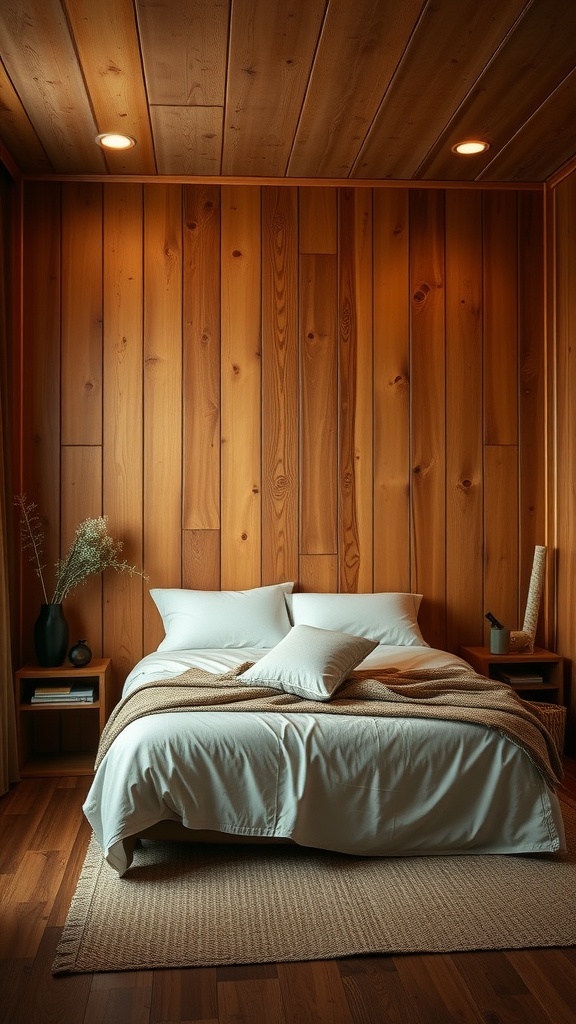 Cozy bedroom with wood paneling on the walls and ceiling, featuring a bed with soft pillows and a minimalist decor approach.