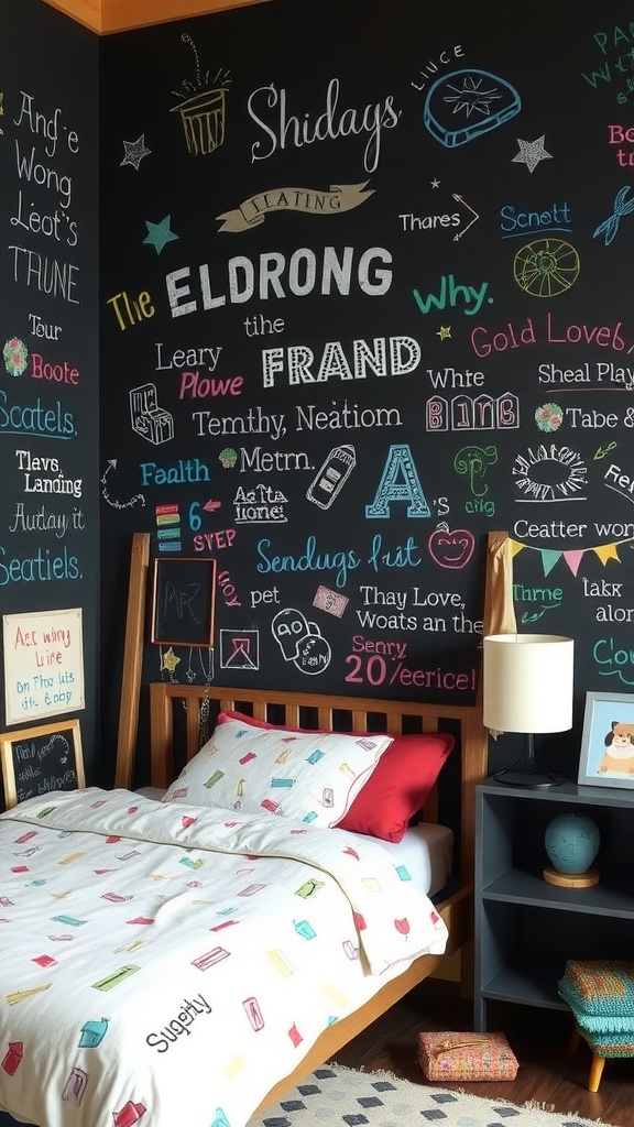 A bedroom featuring a chalkboard wall filled with colorful drawings and writings, complemented by a playful bedding design.