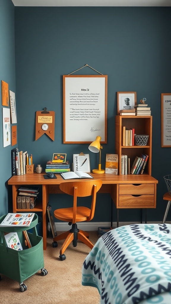 A well-organized study nook in a boys bedroom with a wooden desk, orange chair, and blue walls.