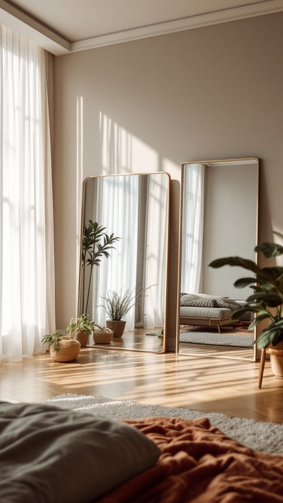 A cozy room with large mirrors reflecting sunlight and plants.