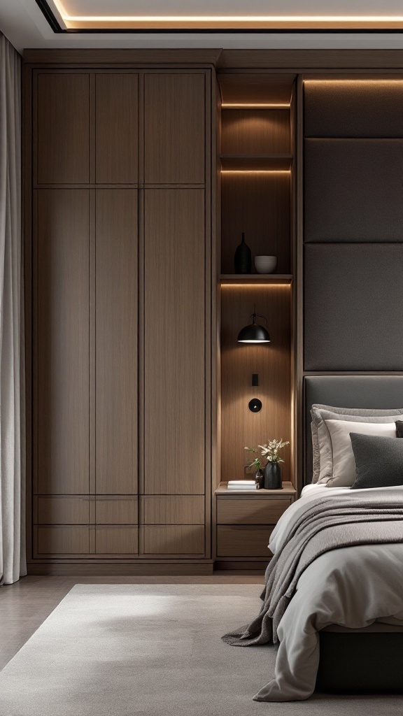 Modern luxury bedroom with built-in storage and lighting