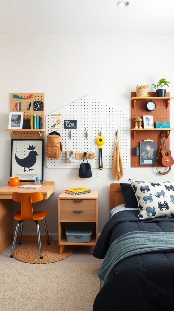 A well-decorated boys bedroom featuring organized wall space with shelves, artwork, and a study area.