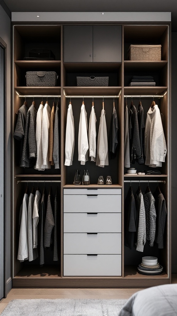 Modern custom closet with organized shelves and clothing.