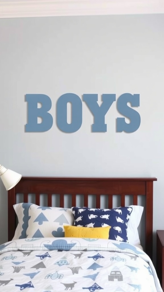 A bedroom featuring custom name wall art with the name 'BOWER' on a blue wall, surrounded by clouds and trees.