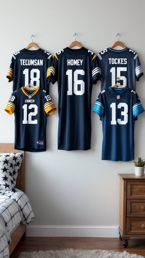 A wall display of customized football jerseys in a modern teen boy bedroom.