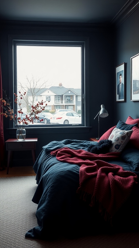 A cozy dark romantic bedroom featuring deep navy walls, a rich duvet, and plush pillows, with dark curtains and soft lighting.