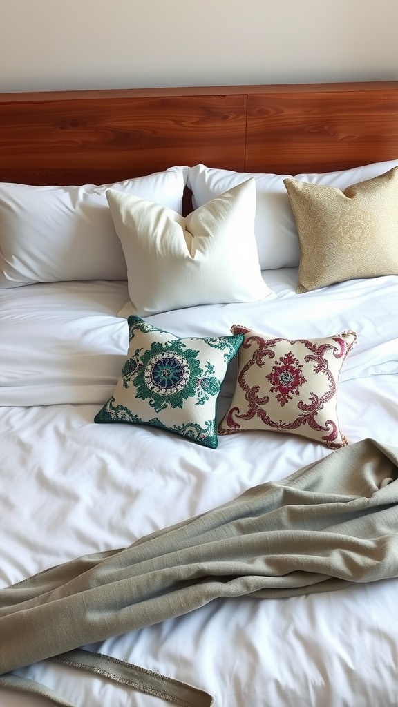 A king bed with a stylish arrangement of decorative pillows and a cozy throw blanket.