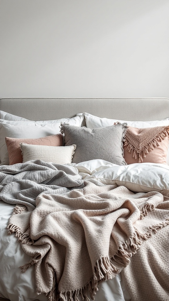 A beautifully arranged bed with decorative pillows and soft throws in neutral colors