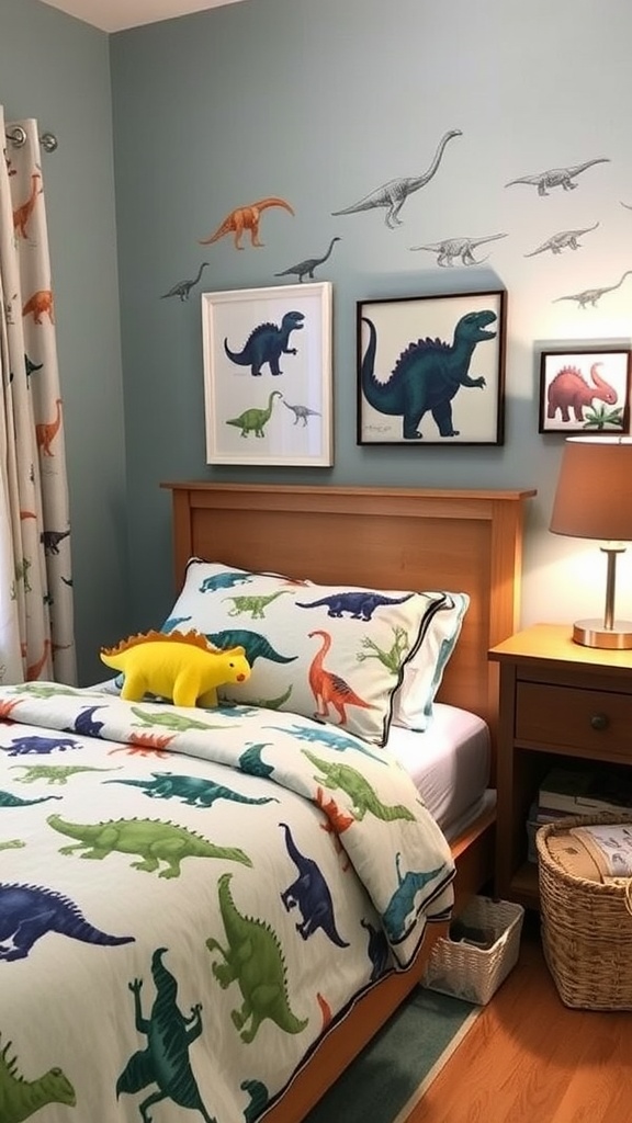 A boys bedroom decorated with dinosaur-themed bedding and wall art.