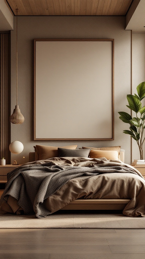 A modern luxury bedroom featuring earthy tones and natural materials.