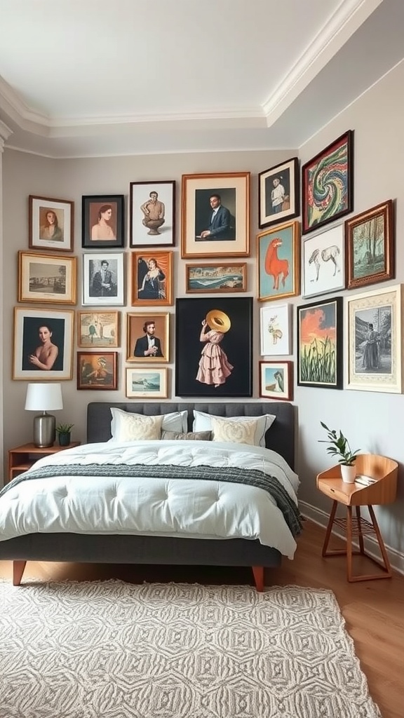 A bedroom featuring an eclectic gallery wall filled with various artwork in different frames, complementing the cozy decor.