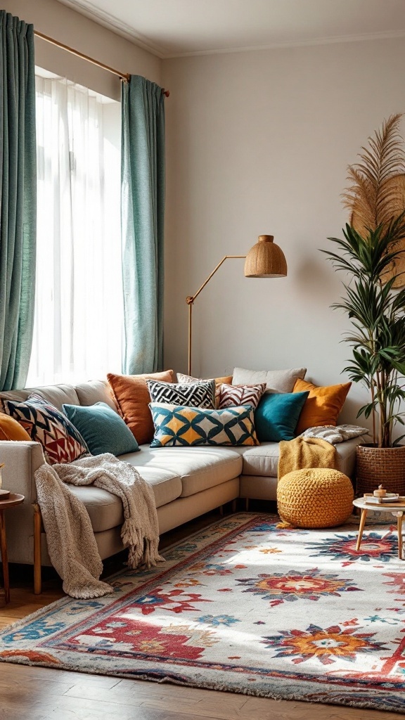 Cozy living room with a mix of patterned cushions, a colorful rug, and modern decor.