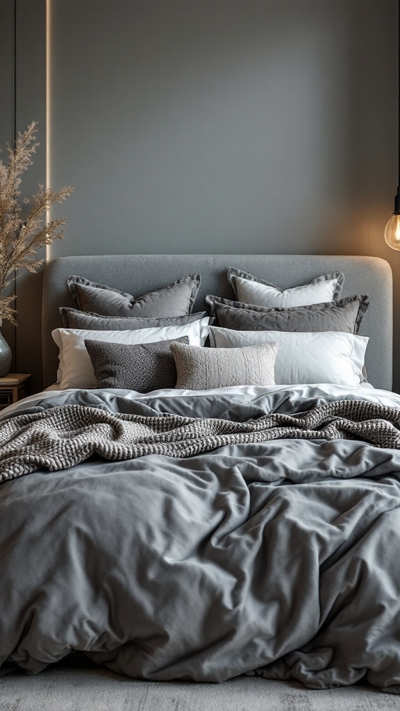 A beautifully arranged bed with grey bedding, pillows, and a textured throw.