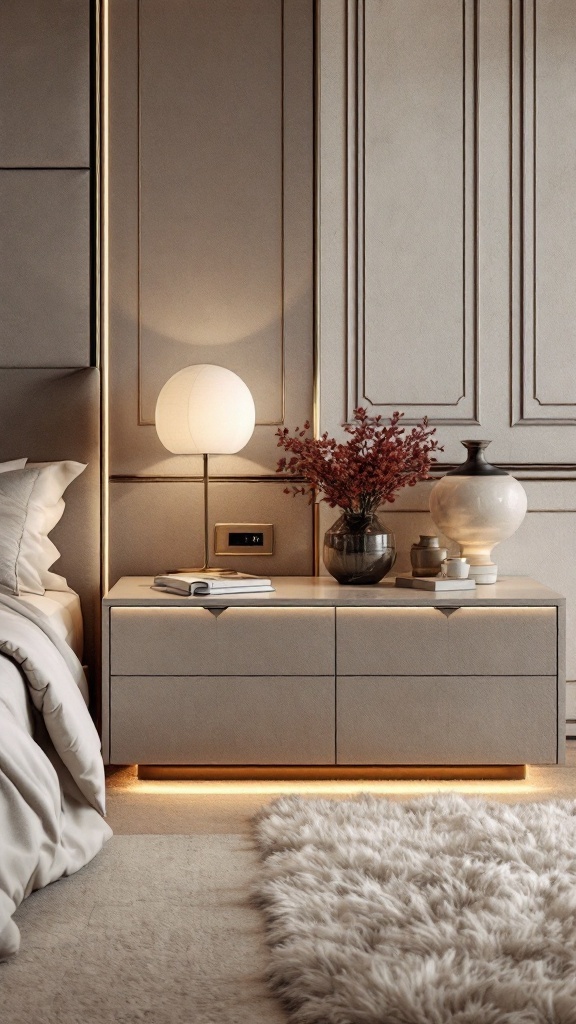 A stylish nightstand featuring touch controls, soft lighting, and decorative items.