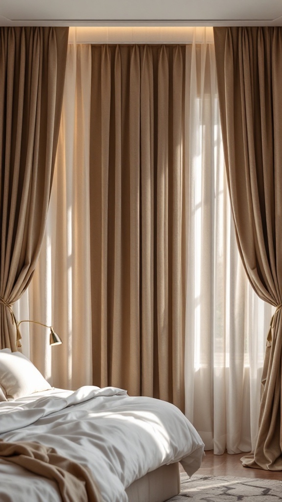 Luxurious bedroom with elegant window treatments and soft bedding