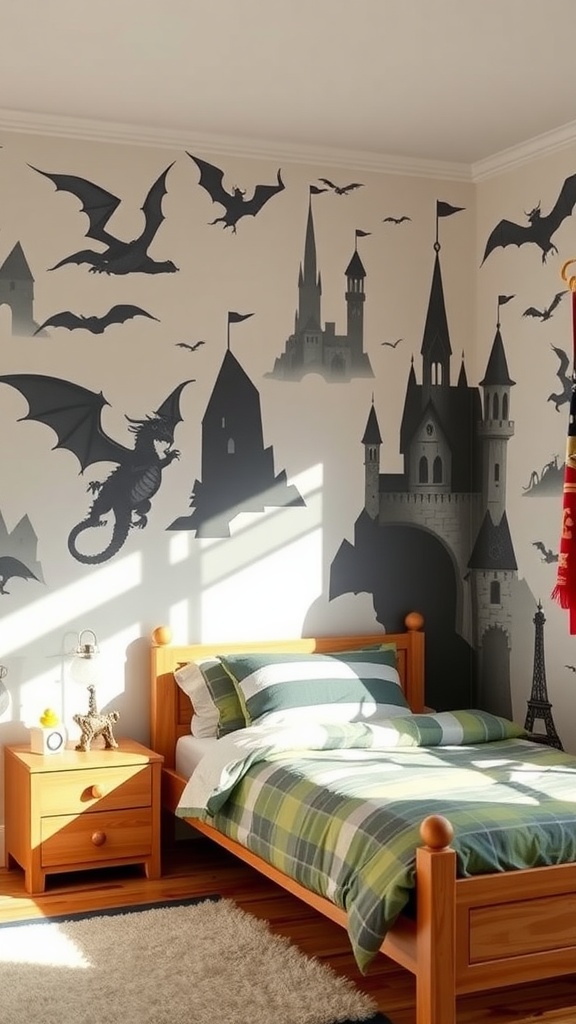 A boys bedroom decorated with dragon and castle wall decals, featuring a wooden bed and plaid bedding.