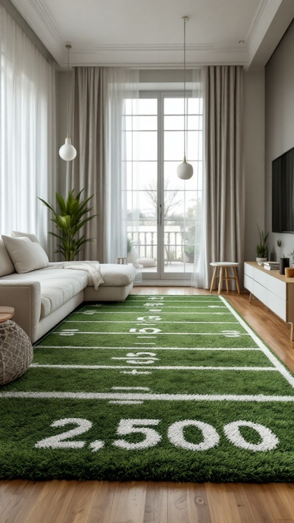Football-inspired area rug in a modern teen boy bedroom, featuring a green grass design with yard lines.