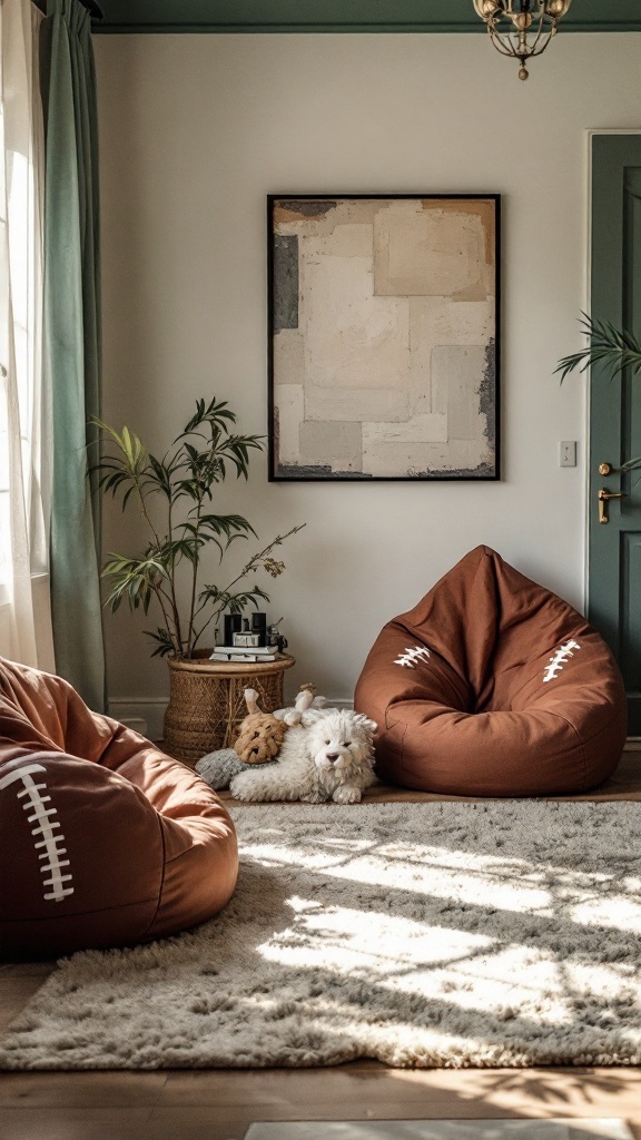Football-themed bean bag chairs in a modern teen boy bedroom setting.