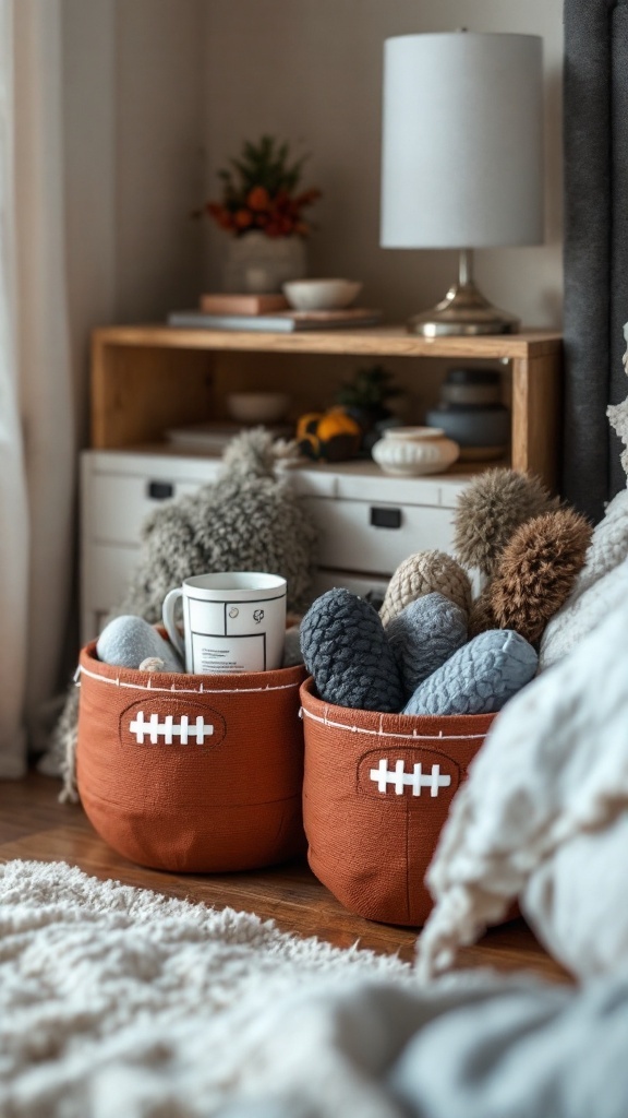 Football-themed decorative storage bins in a modern teen boy bedroom