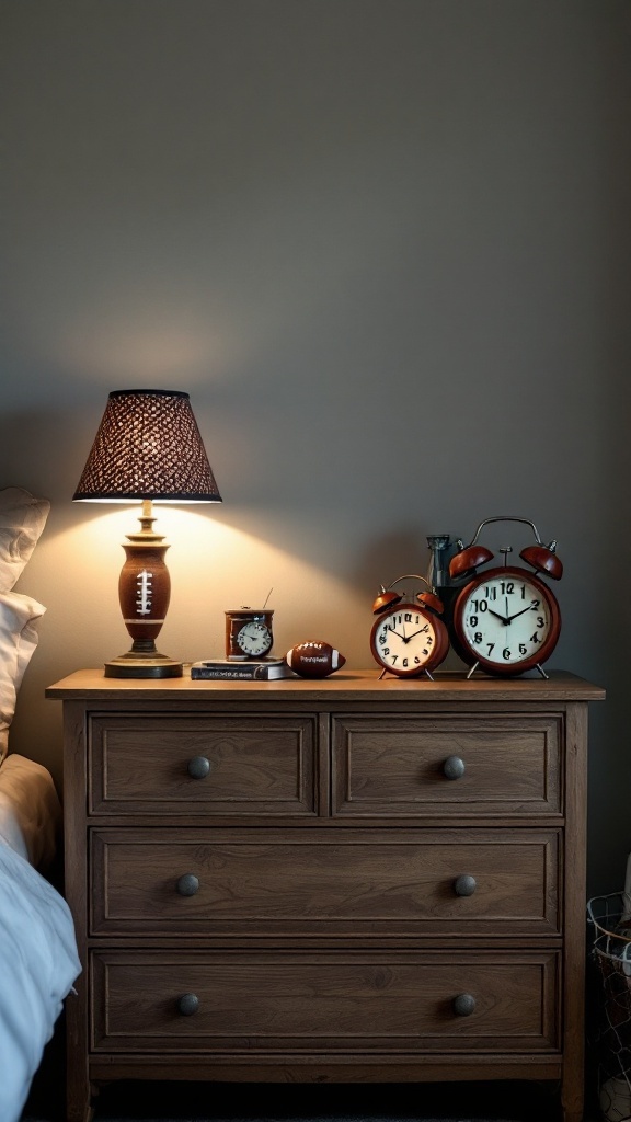 A wooden nightstand with a football-themed lamp, clocks, and a small football, set in a modern teen boy bedroom.