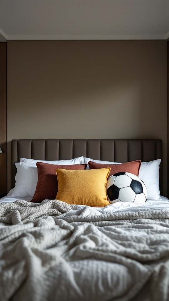 A modern teen boy bedroom featuring a decorative football as a pillow among other colorful cushions on a bed.