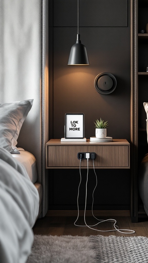 Modern bedside table with charging ports, lamp, and decorative items