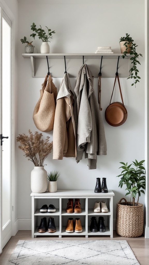 Stylish entryway with a shelf for coats and bags, a shoe rack, and decorative plants.