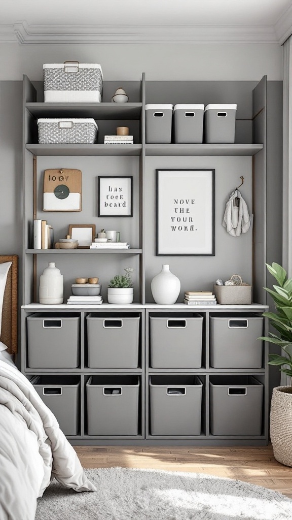 Stylish grey storage shelves with bins and decorative items in a bedroom