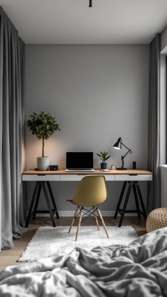 A stylish grey workspace nook featuring a desk, chair, and plants.