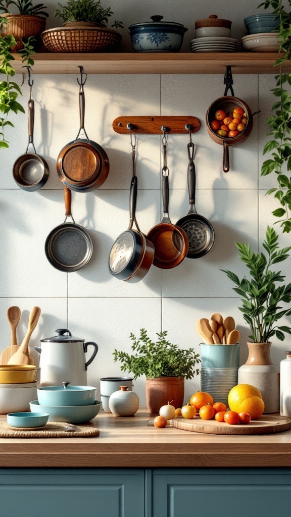 A cozy kitchen with hanging pots, colorful dishes, and fresh fruits on a wooden counter.