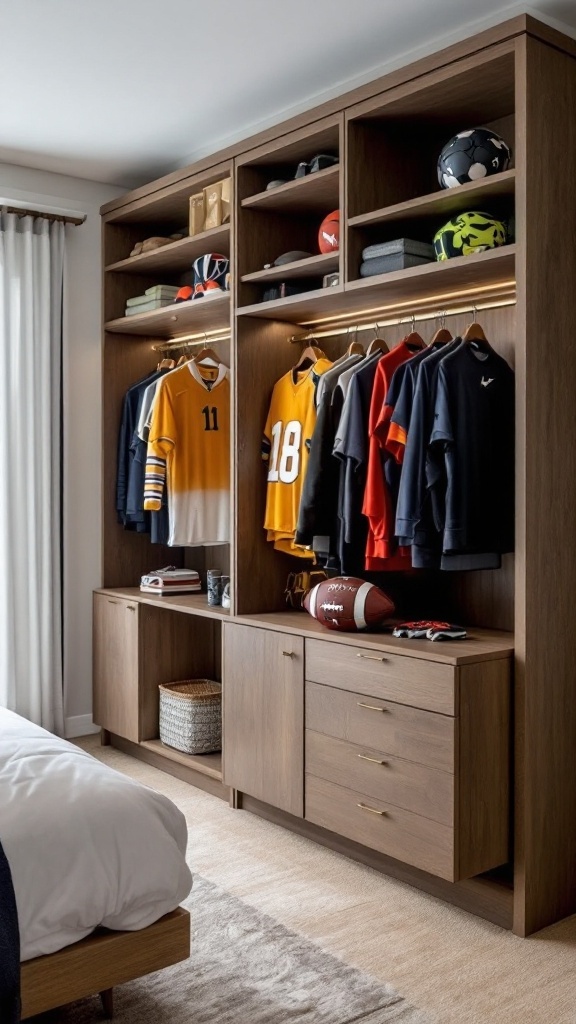 A modern teen boy bedroom with functional storage solutions for sports gear, showcasing jerseys, football helmets, and balls.