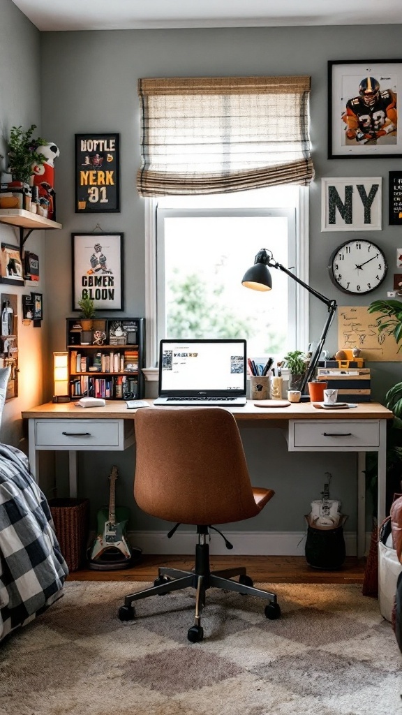 A stylish study space in a modern teen boy bedroom with sports decor and a computer desk.