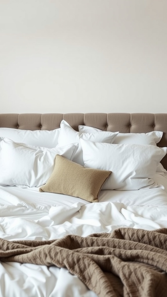 A neatly arranged king bed with white pillows and a decorative brown pillow.