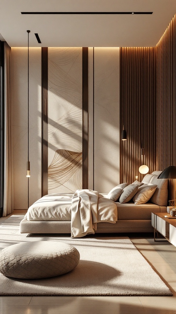 Modern luxury bedroom featuring stylish furniture and soothing colors.