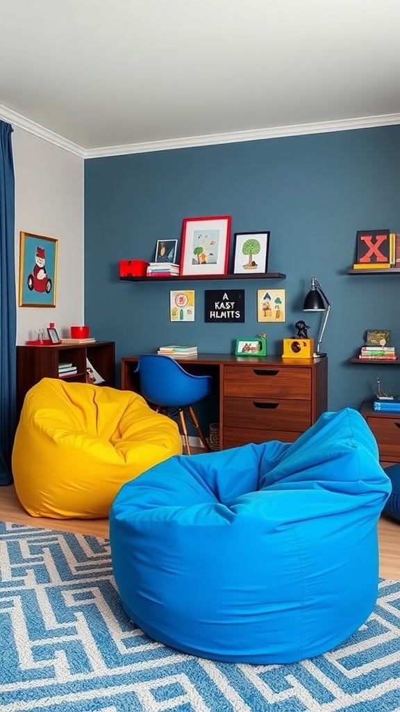 Two colorful bean bag chairs in a boys bedroom with blue walls and decorative shelves.