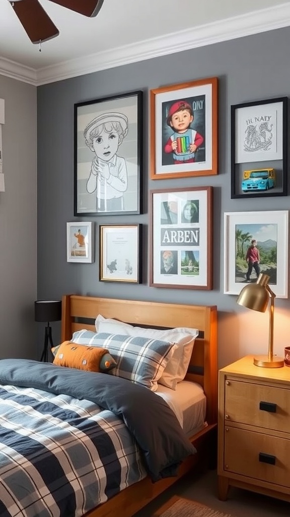 A stylish gallery wall featuring various framed artworks in a boys bedroom.