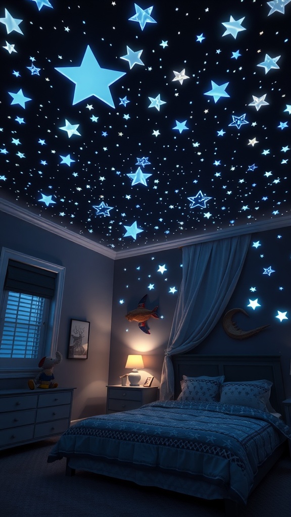 A boys bedroom with glow-in-the-dark stars on the ceiling, creating a night sky effect.