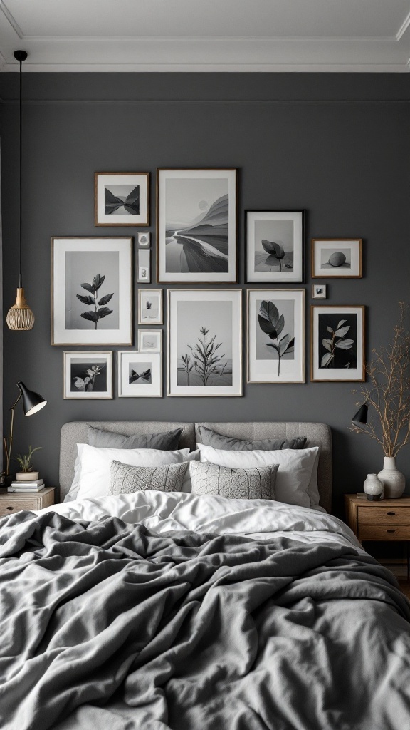A cozy bedroom with a grey-themed gallery wall, featuring a collection of black-and-white framed artworks.