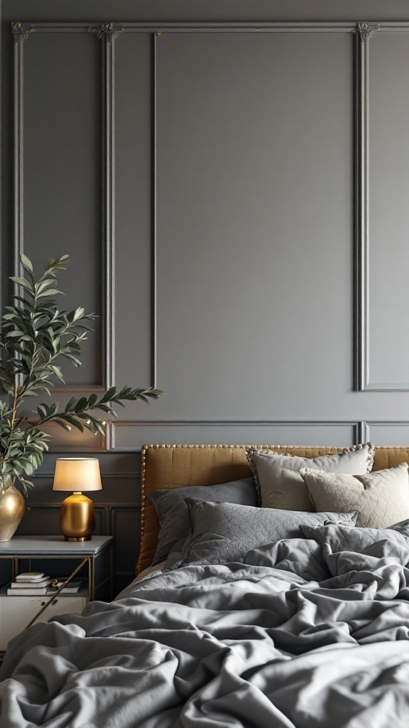A stylish bedroom featuring grey walls, gold accents, and cozy bedding.