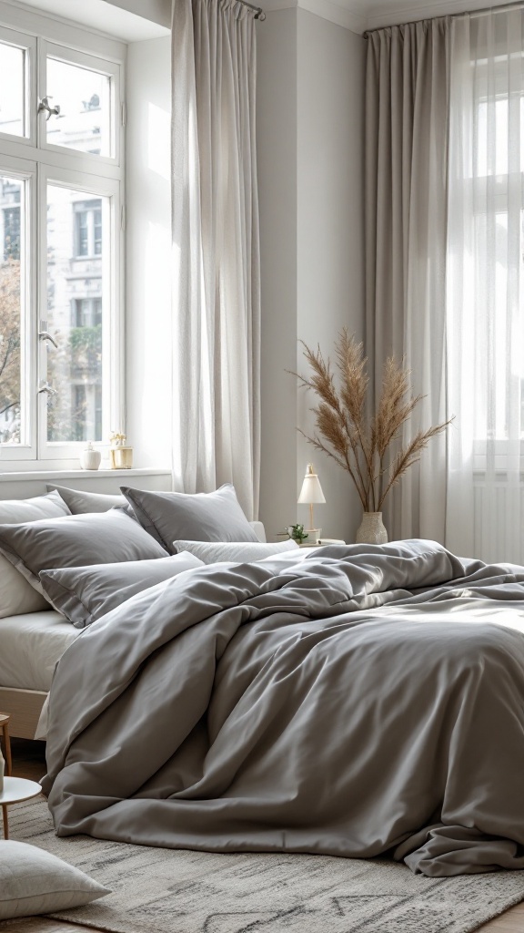 A cozy bedroom with grey bedding and white curtains, offering a serene atmosphere.